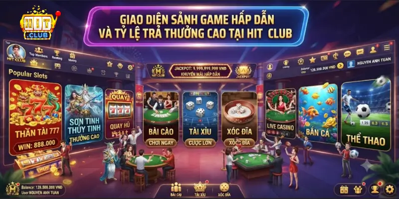 Giao diện sảnh game hấp dẫn và tỷ lệ trả thưởng cao tại Hit Club